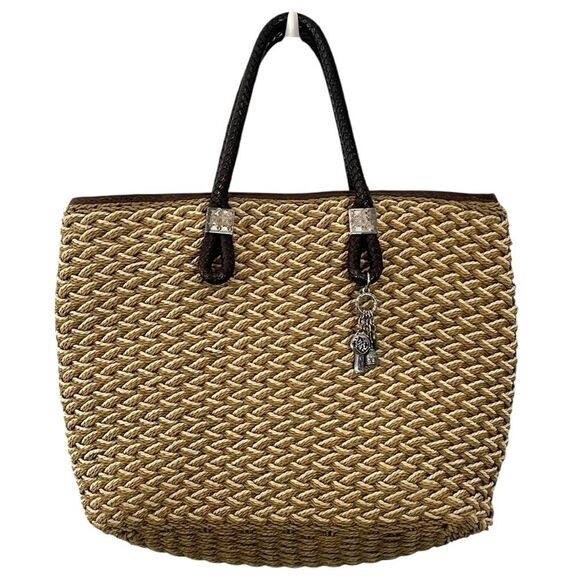 Brighton Rita Woven Macrame Jute Straw Leather Tote‎ Bag Animal Print Lining - Picture 2 of 14